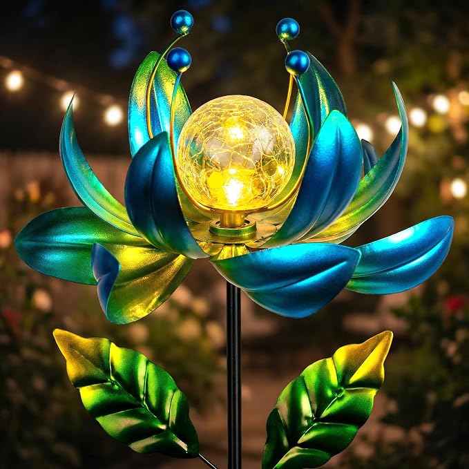 Solar Wind Spinners Outdoor Metal Kinetic Lotus Flower, Pinwheels for Yard and Garden Decor with Warm Crackle Glass Globe, 360° Spinning Yard Art Sculpture