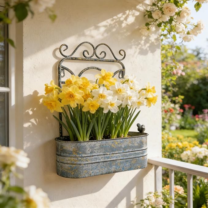 Rustic Metal Wall Planter Vintage Wall Mounted Flower Pot Distressed Wall Hanging Plant Basket Farmhouse Wall Decor for Indoor Outdoor Garden Home Yard (Gray)