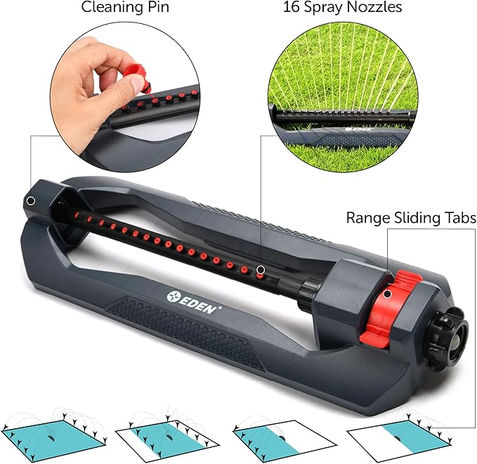 Eden 96213 Essential Turbo Oscillating Water Sprinkler,Covers Up to 3,600 sq. ft.,16 Nozzles,Weighted Base,Adjustable Range,Quick Connect Bundle,Dark Grey,Red,Silver,(Pack of 12)