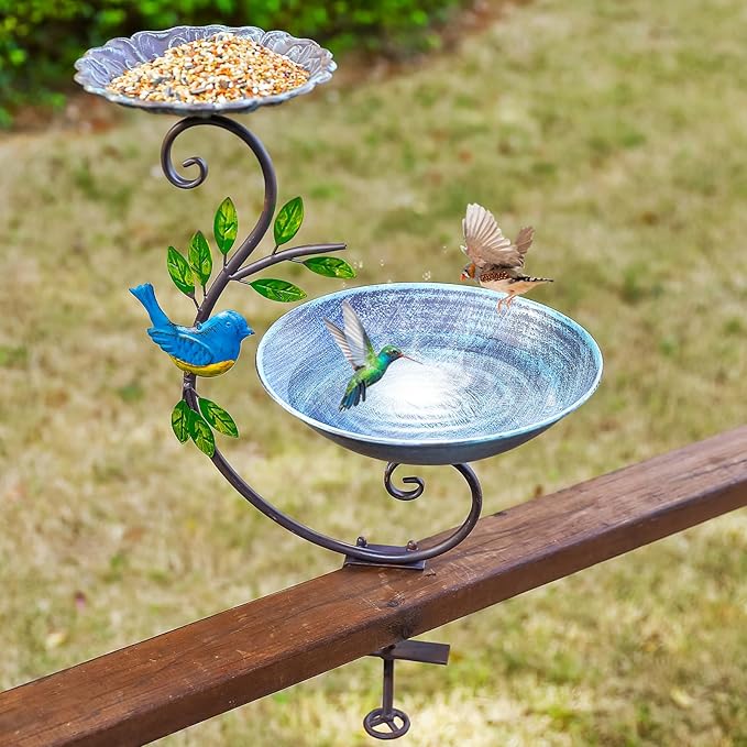 Deck Mounted Bird Feeder and Bath for Railing, Balcony 2-in-1 Outdoor Metal Birdbaths, Adjustable Heavy Duty Clamp for Porch Garden Decor Yard Lawn