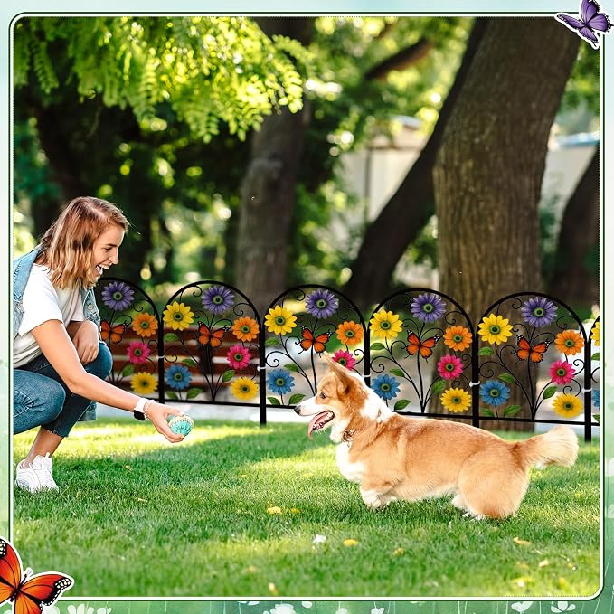 Yaocom Flower Decorative Garden Fence, 6 Pack 16.5''h x 11.8''w Metal Animal Barrier Border, Floral Butterfly Design Arched Garden Fence Panels for Spring Outdoor Yard Lawn Patio Flower Bed Decor