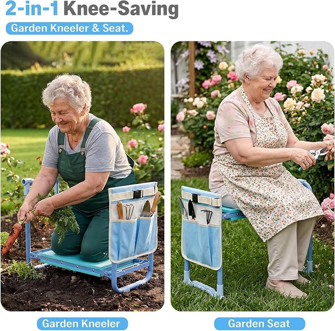 Garden Kneeler and Seat Heavy Duty, Foldable Gardening Stool Bench with Widened Thick Soft Kneeling Pad and Tool Pouches - 2-in-1 Portable Kneeling Device for Seniors (Blue)