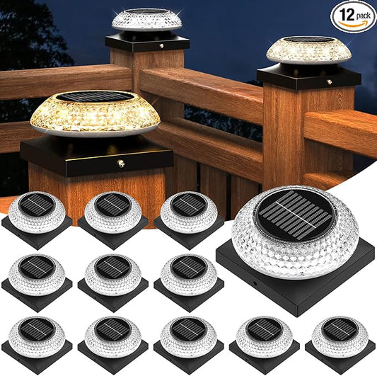 4x4 Solar Post Cap Lights 12 Pack: Fence Post Solar Lights with 3 Lighting Modes & Round Lampshade - Waterproof Outdoor Deck Post Light for Garden/Patio/Porch (Black)