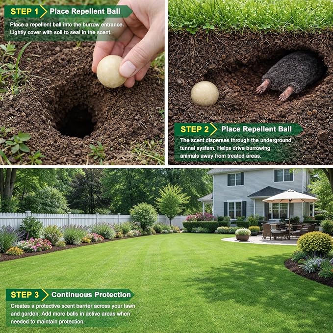 Mole Repellent for Lawns and Yard, Mole and Groundhog Repellent Outdoor, 12 Packs Natural Gopher Repellant Balls for Lawns, Gardens, Yards, Farms and Orchards, Safe for People and Pets