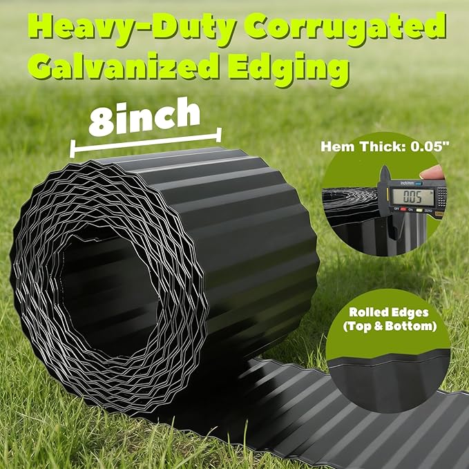A ANLEOLIFE 40FT Galvanized Steel Landscape Edging Roll, 8" Tall Sturdy Flexible Corrugated Metal Lawn Border for Garden, Pathway & Flower Beds, Black