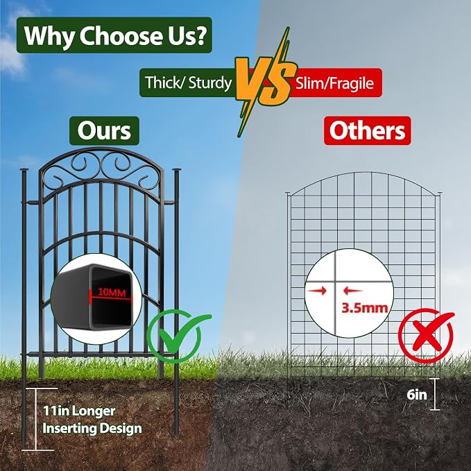8 Panels Decorative Garden Fence, 40in(H)×18Ft(L) Heavy Duty Metal Outdoor Dog Fence Rustproof Square Tube No Dig Animal Barrier Border Fencing for Temporary Yard Patio Landscape