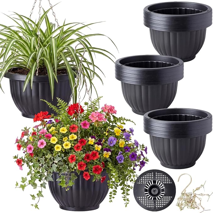 12 Sets Hanging Planters for Indoor and Outdoor Plants Self Watering Hanging Basket Flower Pots Plastic Plant Pots with Drainage Hole and Absorbing Tray(Black,10 Inch)