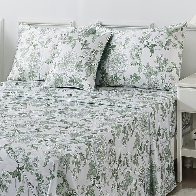 FADFAY Sheets Set Twin Vintage White and Green Floral Bedding Elegant Peony Sheets Set Shabby Rose Farmhouse Bedding 100% Egyptian Cotton 800 Thread Count Deep Pocket Fitted Sheet 4Pcs, Twin Size
