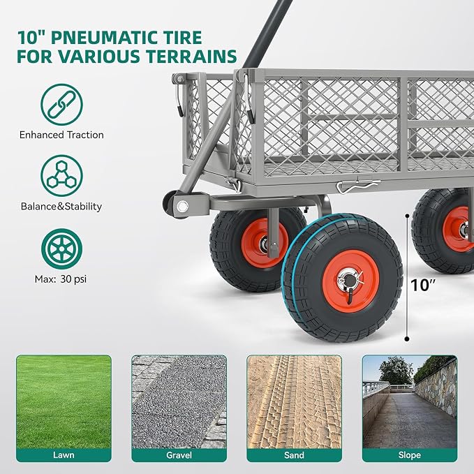 Heavy Duty 900 lbs Capacity Garden Cart Wagon with 10" Pneumatic Tires & Removable Mesh Sides - 180° Rotating Handle, 4 Cu.Ft Utility Wagon for Yard, Garden, Hauling, All Terrain Outdoor Use