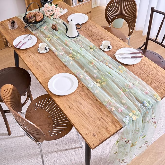 vctops 2 Packs Embroidery Lace Spring Table Runner 10ft Floral Garden Seasonal Tulle Table Runner Holiday Kitchen Dining Table Decoration for Wedding Party Baby Shower Birthday (Sage Green,30"x120")