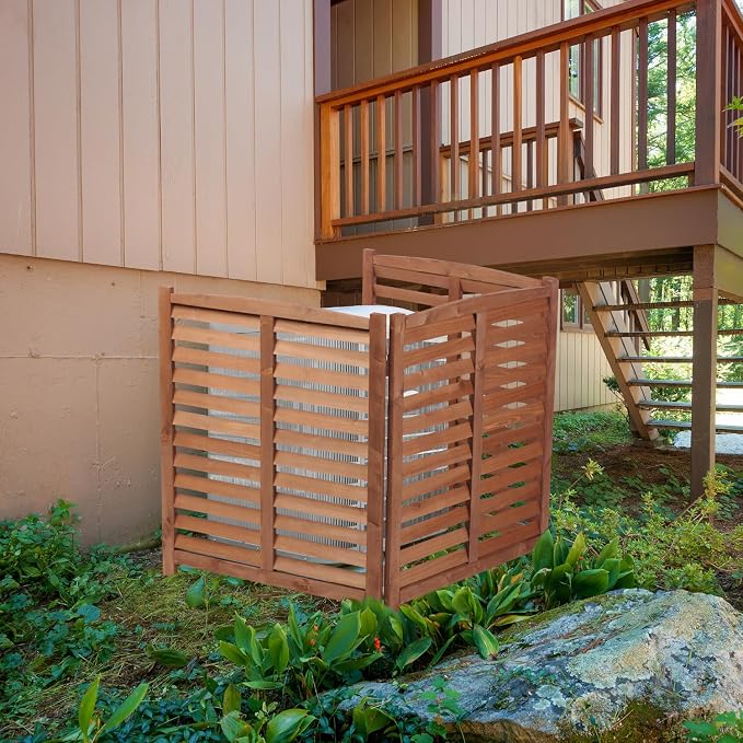 YOPTO 32" W x 38" H,3-Panel Outdoor Air Conditioner Fence,Wooden Outside Wood Privacy Screen,for Pool Equipment Enclosure,Trash Can Enclosures,Air Conditioner,Brown