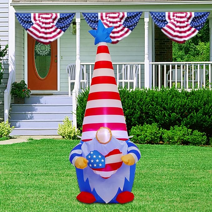 Juegoal Patriotic Independence Day Inflatable, 4FT Blow Up Gnome, 4th of July Outdoor American Uncle Sam, Lighted Tomte Elf with Top Hat for Lawn Yard Home Veterans Day Celebration Garden Decor