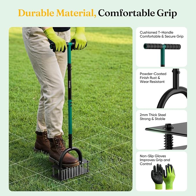 Grenebo Lawn Aerator Manual Aerator Lawn Tool with 16 Spikes, Metal Grass Aerator for Yard, Lawn Aeration, Automatic Soil Ejection, Pre-Assembled Lawn Aerator Tool (Green)
