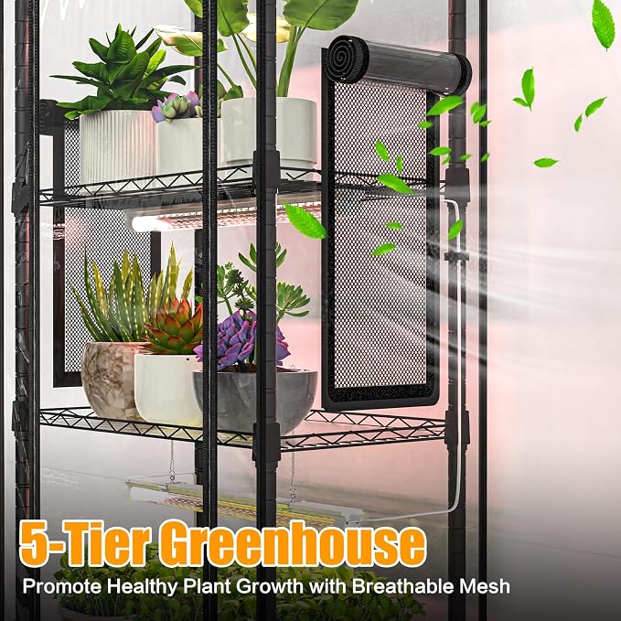 Indoor Greenhouse with Grow Lights, 5 Tier 23.2" L×13.4" W×61.4" H, with 72W Full Spectrum Growing Lamps for Seed Starting，Grow Light Shelf with Tent and Thermometer