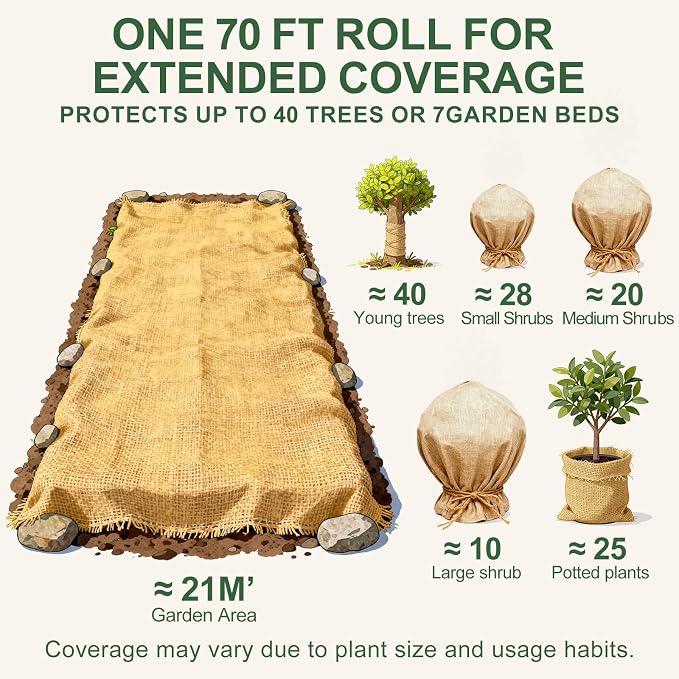PJT 70ft x 40in Natural Burlap Plant Covers Freeze Protection, Winter Cold-Proof Burlap Fabric Tree Wrap Roll, Gardening Frost Plant Blankets for Outdoor Bushes Trees Plants