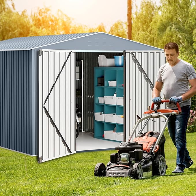 10x10 FT Outdoor Metal Storage Shed, Large Storage Sheds with Sturdy Frame Structure, Metal Garden Tool Shed with Lockable Door for Garden, Lawn, Backyard, Gray