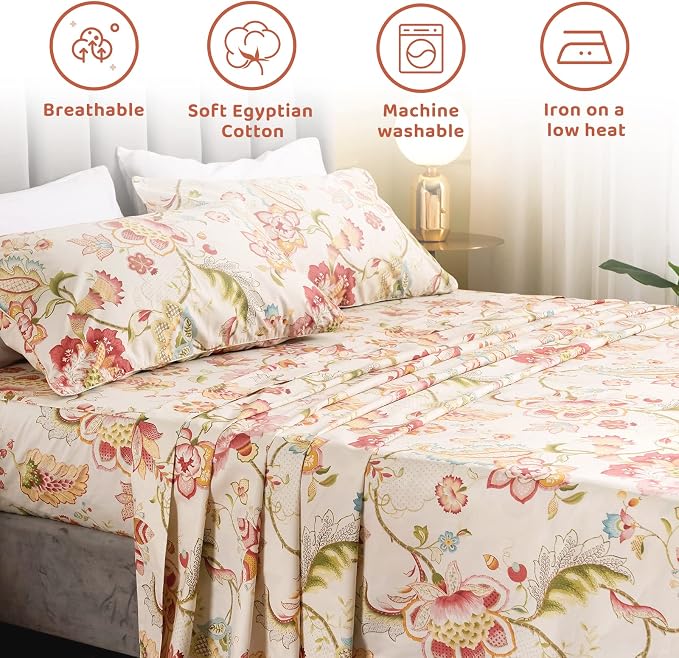QSH Floral King Size Sheet Sets - Lotus Botanical Print Printed Bedding 100% Egyptian Cotton Sheets for King Size Bed Sheets with Deep Pockets Extra Soft and Breathable 4pcs