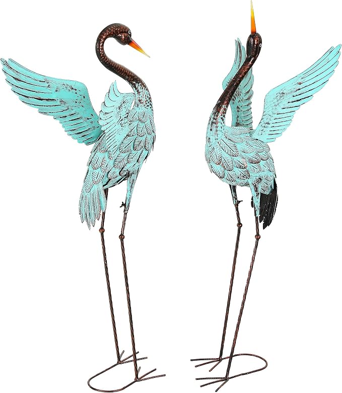 Extra-Large 47.5" Blue Heron Decor, Handcrafted Metal Crane Statue with Stable U-Ground Stakes, Backyard Decoration, Metal Garden Bird Animal Yard Art, Lawn Ornament Decor
