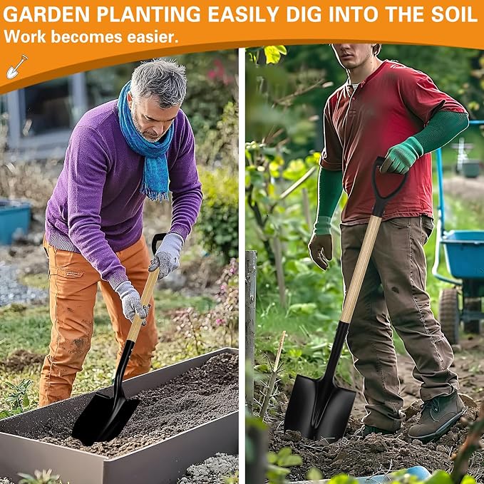 41-Inch Round Heavy Duty Digging Shovel, Wooden Handle with D-Grip & Alloy Steel Head, Ideal for Garden, Construction, and Masonry - Perfect for Digging Soil, Dirt, and Gravel