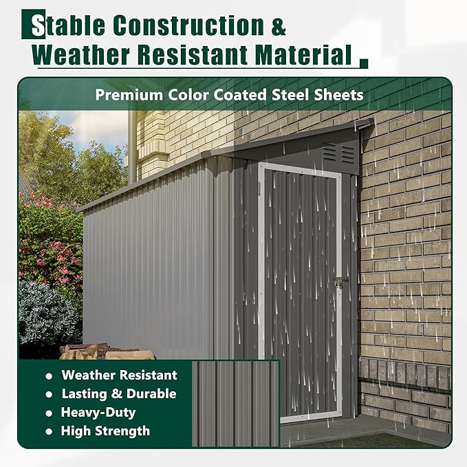 YOPTO 4x8 FT Outdoor Storage Shed,Lean to Metal Shed W/Floor Included,Garden Storage Shed W/Lockable Door,All Weather Waterproof Tool House W/ 2 Air Vents,for Backyard,Patio,Lawn,Garden,Gray