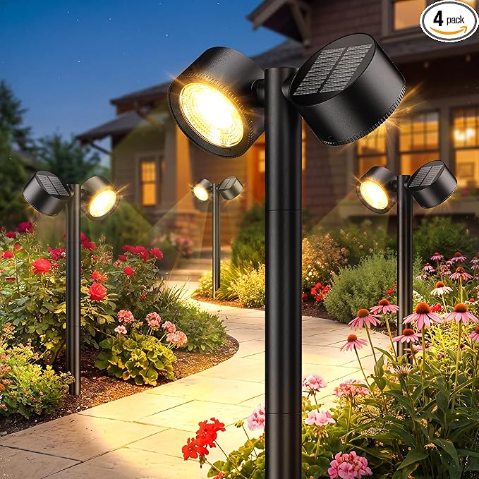 24 Inch Tall Solar Pathway Lights Outdoor, 2X Brighter & 150° Adjustable Dual-Head, IP65 Waterproof, Up to 15Hrs Auto On/Off Solar Landscape Path Lights for Yard Garden Driveway, 4 Pack