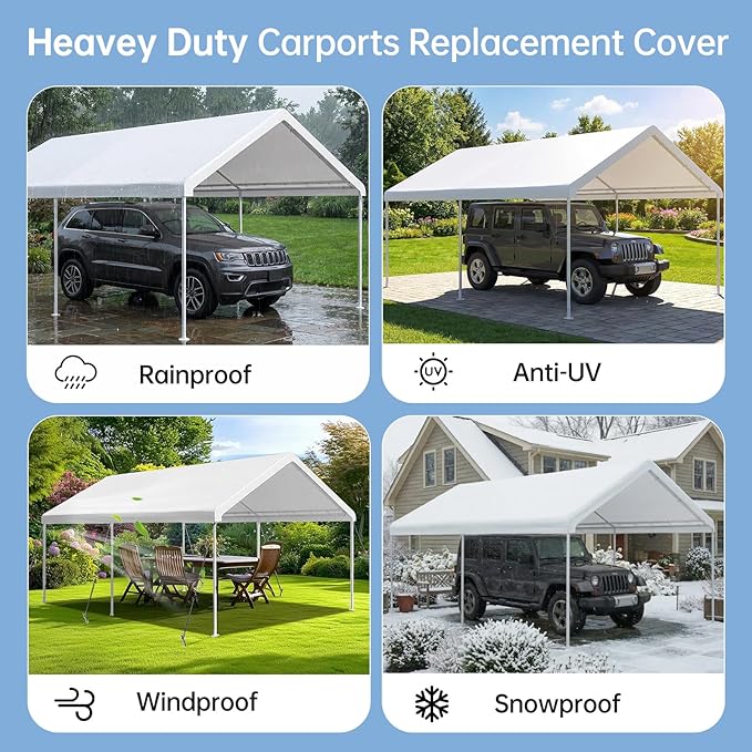 Carport Canopy Replacement Cover, 180G Heavy-Duty PE Fabric Garage Canopy Replacement Cover, 10×20FT Carport Tent, White (Frame not Included)