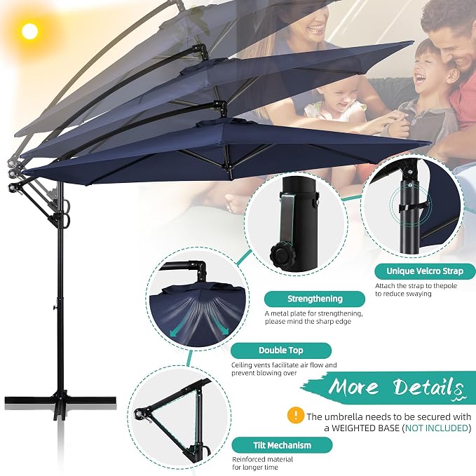 Shintenchi Offset Patio Umbrella with Easy Tilt Adjustment,Crank and Cross Base, Outdoor Cantilever Hanging Umbrella, Sunshade Free Standing Canopy, Navy Blue