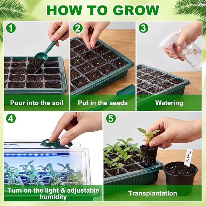 8 Pack Starter Tray with Light, 320 Cells Sprouting Kit Seedling Tray with Humidity Domes, Remote, Timer, Adjustable Light & Gloves, Starter for Indoor Greenhouse