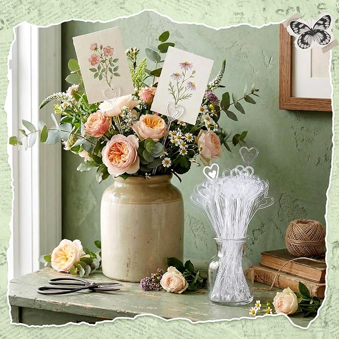 Patelai 500 Pcs Plastic Floral Pick Card Holders Clear Heart Shaped Flower Place Card Holders Clips for Wedding Bouquet Birthday Party Supply, 9 Inches
