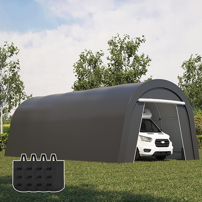 FansaFurn Domed Carport with 4 Cloth Bags, Portable Garage with 2 Roll-up Doors, Heavy Duty Car Canopy Party Tent, All-Season Storage Shelter Shed for Boat, Truck, or Garden Tools, 12' x 25'
