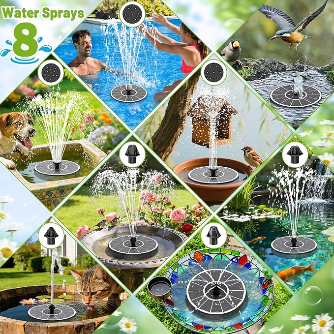 Solar Fountain with 3 Spray Height, Colorful Led Lights, 3.5W Glass Solar Bird Bath Water Fountain with 2000mAh Battery, 4 Rotating Rods and 7 Nozzles for Hummingbird Bathing, Outdoor Décor