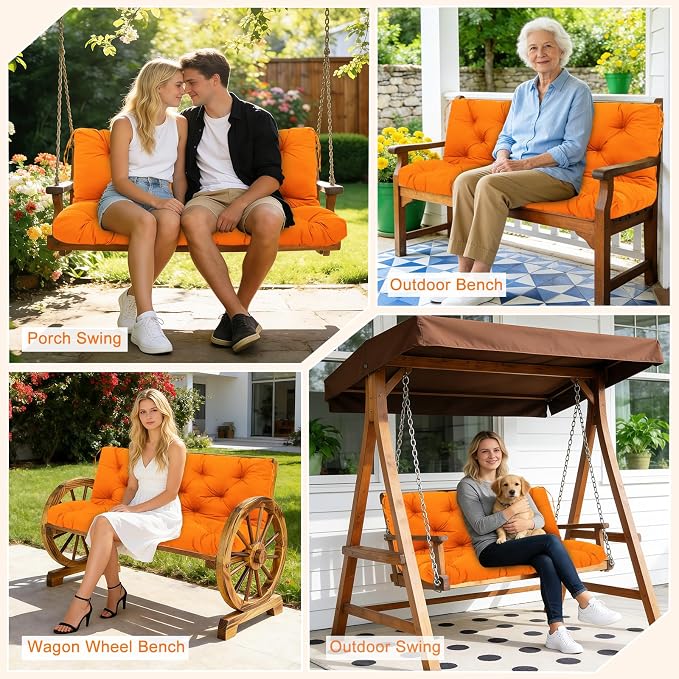 Porch Swing Cushions 2 Seater Replacement Thicken 5" Waterproof & Fade Resistant Swing Cushions for Outdoor Furniture Bench Patio Swing Cushion with Backrest & Ties(Orange 48x40x5inch)