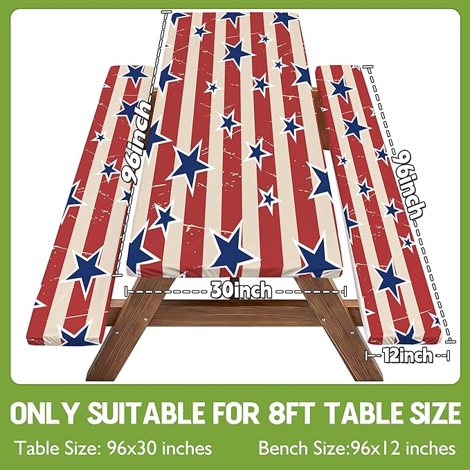 Picnic Table Cover with Bench Covers Waterproof Vinyl Elastic Rectangle Fitted Table Cloth Camping Lovers Essentials Rv Car Travel Overlanding Outdoor Roadtrip Road Trip Women Men Camper Gifts 8 Foot