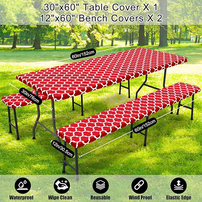 Smiry Picnic Table Cover with Bench Covers, Waterproof Elastic Fitted Tablecloth for 5 Foot Tables, Washable Polyester Tablecloths for Camping, Indoor & Outdoor (Red, 30x60 Inch 3-pc Set)