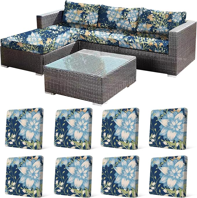 CALBODE 8Pcs Stretch Patio Cushion Cover, Printed Couch & Sofa Slipcovers for Patio Furniture Cushions Washable Reusable Couch Covers Replacement for Autumn Winter (Dark Blue Floral, Cover Only)