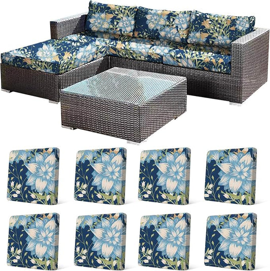CALBODE 8Pcs Stretch Patio Cushion Cover, Printed Couch & Sofa Slipcovers for Patio Furniture Cushions Washable Reusable Couch Covers Replacement for Autumn Winter (Dark Blue Floral, Cover Only)