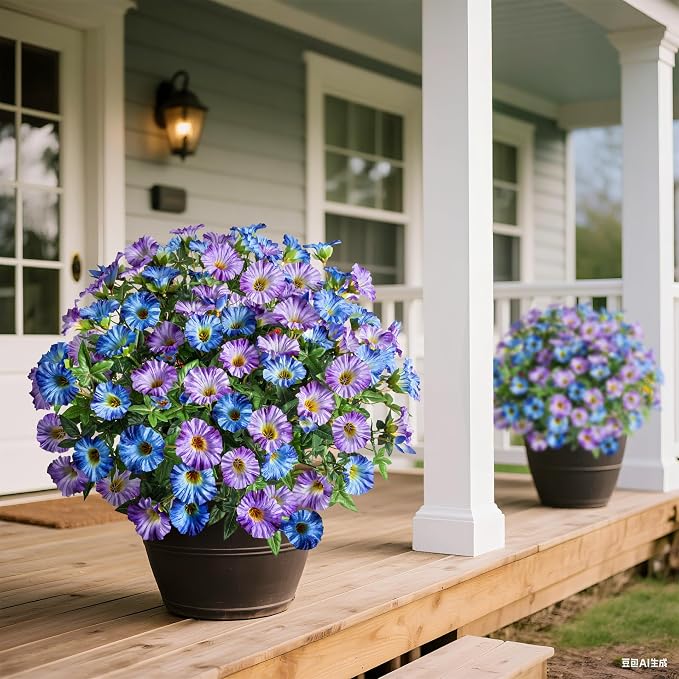 Blue Purple Artificial Morning Glory Flowers for Outdoor Planters, Premium UV Resistant Silk Faux Flowers for Porch, Hanging Basket & Window Box, Cottage Garden Decor, No Pot, 13.3 Inch, 8 Bundles