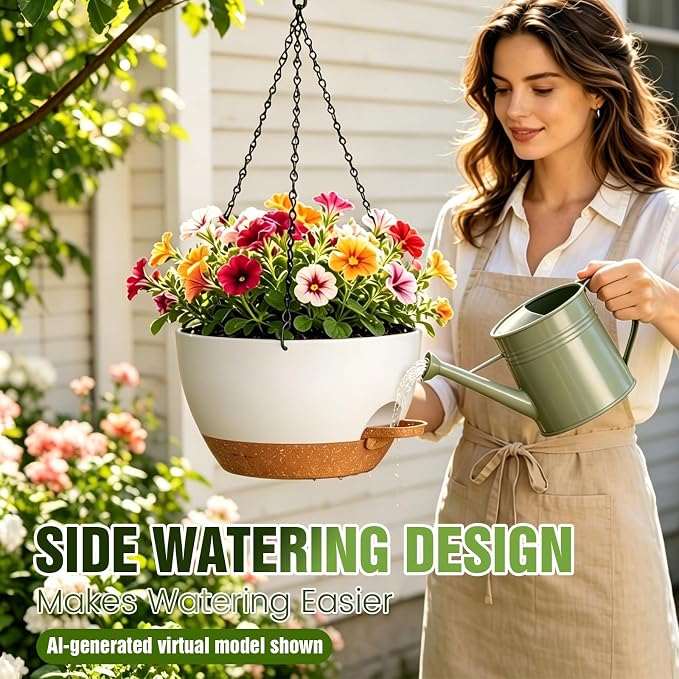10 Inch Self Watering Hanging Planters, 3 Pack Plastic Plant Pots | Sturdy lightweight pot with side watering lip, drainage holes, snap-on detachable tray & hanging chain for easy care