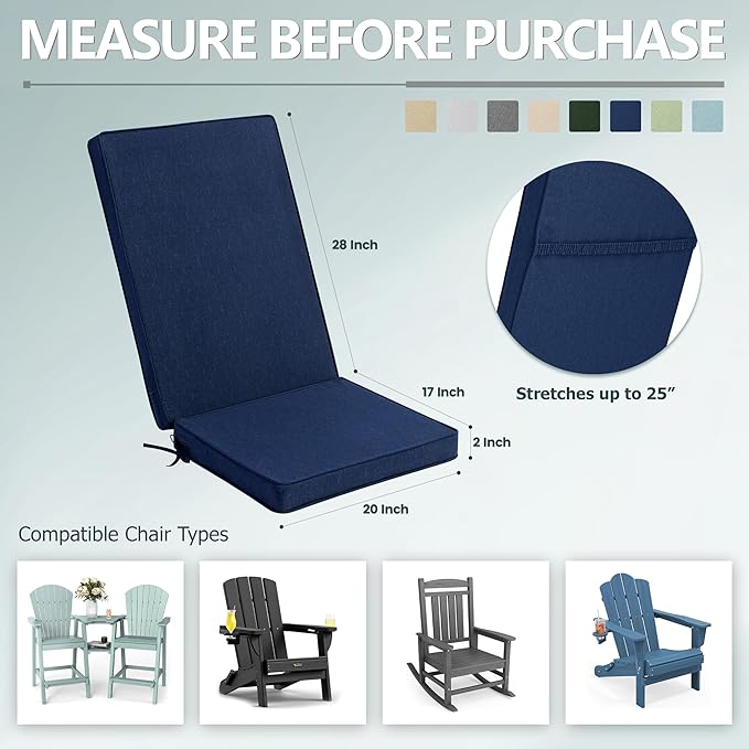 Adirondack Chair Cushion - Removable Cover, Water-Repellent & Fade-Resistant Faux Linen, Securing Straps, Non-Slip Bottom, Fit for Most Outdoor Adirondack & Rocking Chairs - Navy