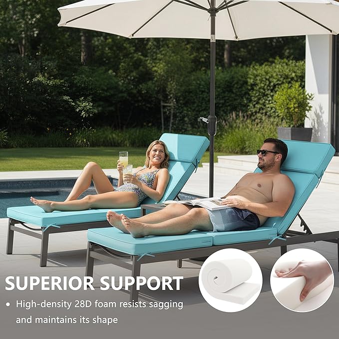 80 x 26 Inch Outdoor Chaise Lounge Cushion - Removable Cover, 4-Section Design, Water-Repellent & Fade-Resistant, 6 Tie Straps, Replacement for Patio & Pool Chairs - Light Blue