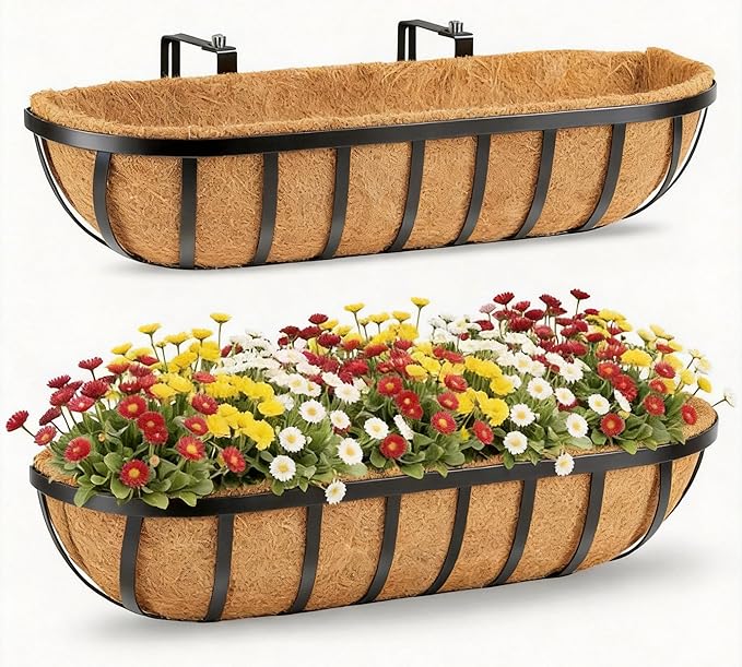 30 Inch Window Deck with Coco Liner, 30" Window Boxes Horse Trough with Coconut Coir Liner, Fence Metal Hanging Flower Planter Window Basket Deck Railing Planter Boxes for Outdoor Garden Lawn, 2pcs
