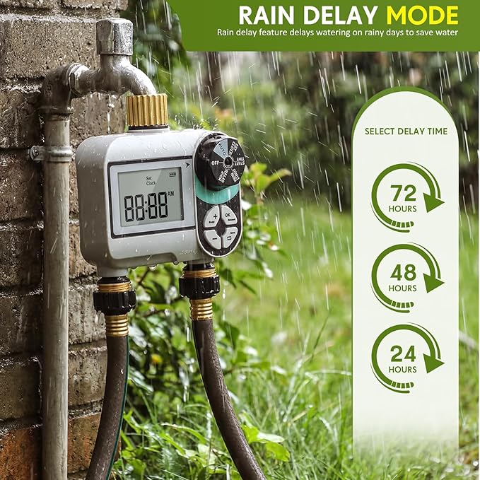 Kingdder Sprinkler Timer for Yard with Brass Inlet and Outlet Watering Timer for Garden Hose Timers Automatic Irrigation System with Rain Delay/Manual/ IP54 Waterproof(2 Outlet)