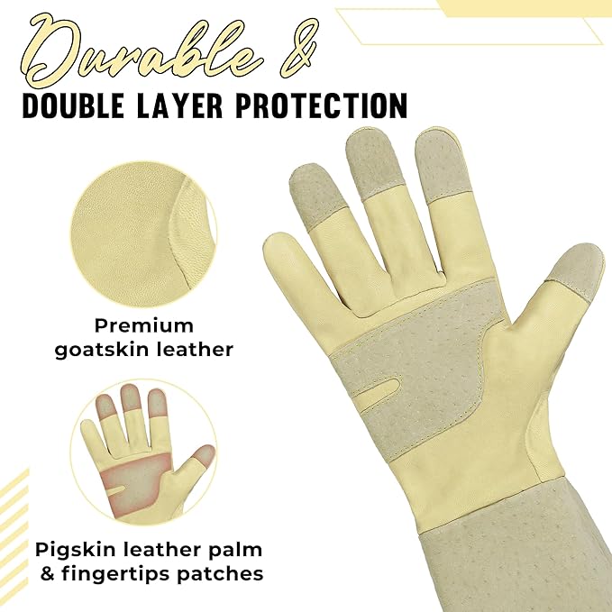 HANDLANDY Rose Pruning Gardening Gloves for Men Women, Thorn Proof Forearm Protection Leather Garden Gloves, Gardening Gifts for Gardeners (Vanilla, X-Large)