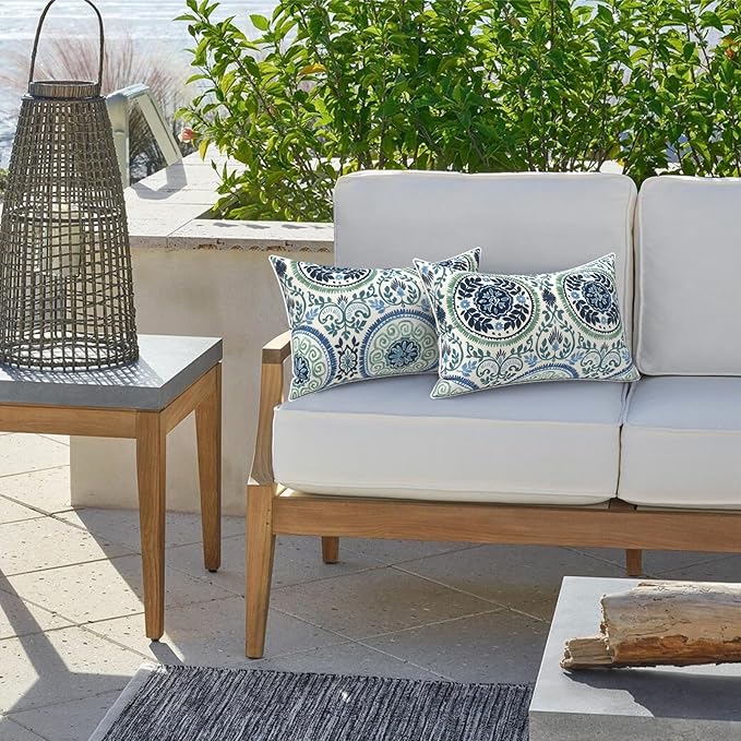 LVTXIII 2 Pack Outdoor Lumbar Pillow Covers 12x20 Inch with Piping, Water-Repellent Back Cushion Covers ONLY for Patio Furniture, Sofa, Garden Bench, Coastal Medallion