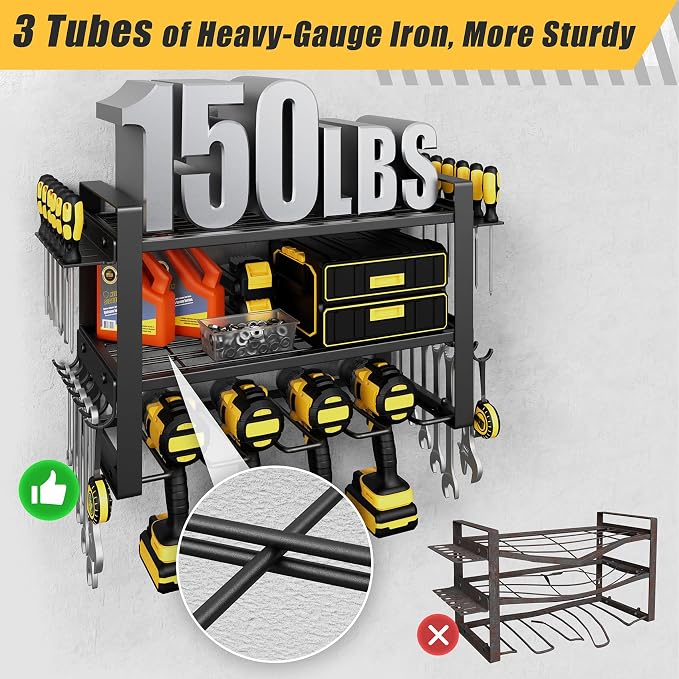 Jusgym Power Tool Organizer Wall Mount |150lbs Garage Tool Storage Rack with 4 Cordless Drill Holder |3-Tier Heavy Duty Garage Organization |Gifts for Men