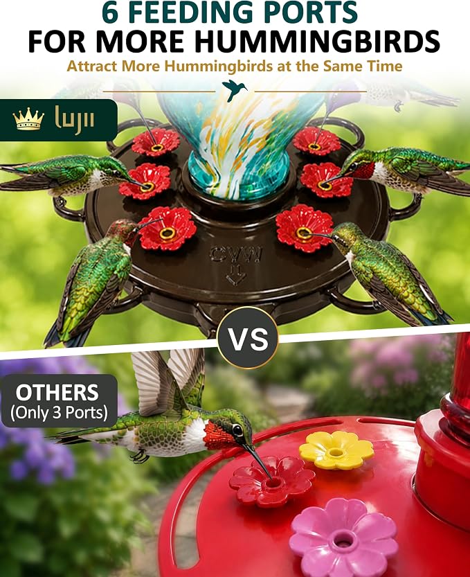 LUJII Smart Hummingbird Feeder with Camera for Outdoor Hanging, Hand Blown Glass, Solar WiFi Feeder with Live View App, 6 Feeding Ports, Leak-Resistant Design, Ant Moat & Gift Box, 28 fl oz, Teal