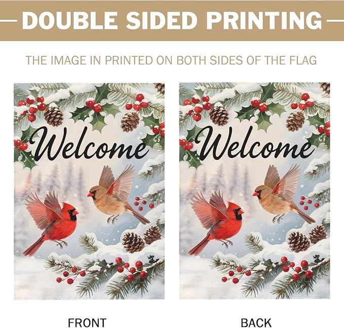 Welcome Winter House Flag 28x40 Inch Cardinal Bird Xmas Holiday Seasonal Theme Decorative Garden Flags for Outside Double Sided Outdoor Home Farmhouse Decoration Porch Yard New Year Decor