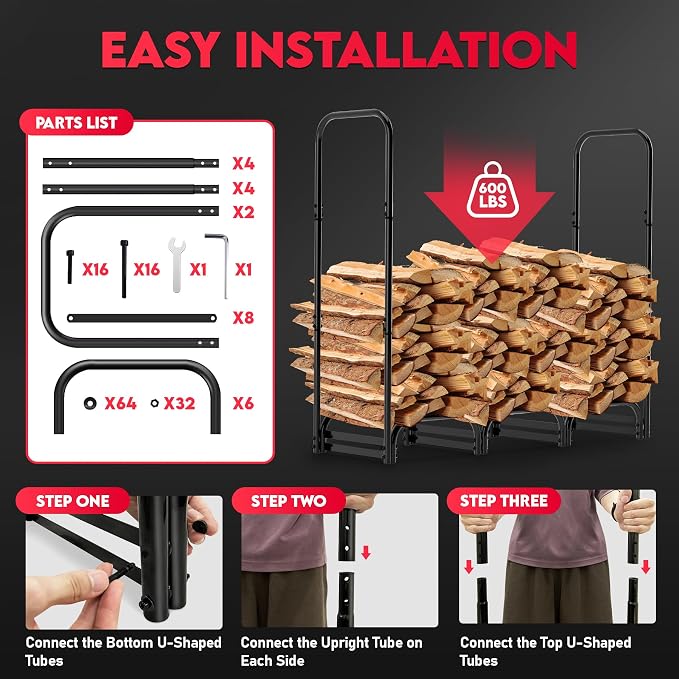 Zettum 4ft Firewood Log Rack with Cover - Outdoor Wood Stand Holder with Cover Heavy Duty, 4 Feet Metal Fire Wood Pile Organizer and Cover Combo Set for Fireplace Storage (48 x 14 x 48 Inch)