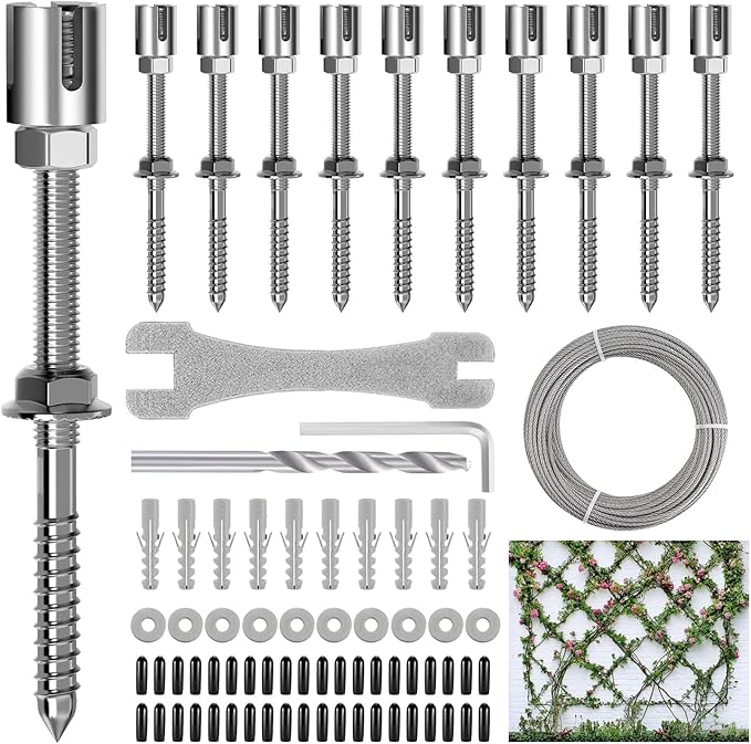 Professional T316 Stainless Steel Wire Trellis Kit for Climbing Plants Outdoor, Heavy Duty Plant Support System (53Ft x 1/8"), Garden Wire Grid Espalier Trellis Kit with Rust Proof Design