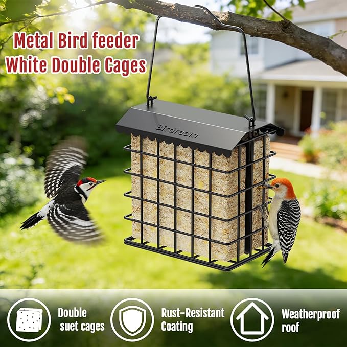 Birdream Double Suet Bird Feeders for Outdoors, All Metal Bird Suet Cakes Cage Holder with Weatherproof Roof, Easy to Refill & Clean, Attract Woodpeckers, Chickadees, Nuthatches, Black